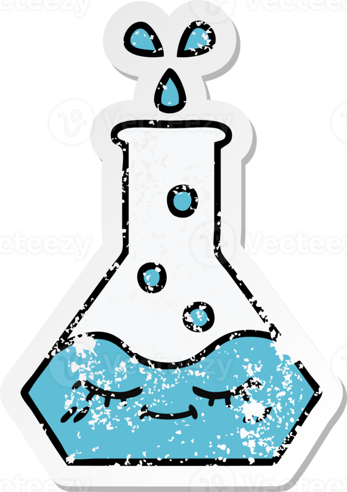 distressed sticker of a cute cartoon science beaker png