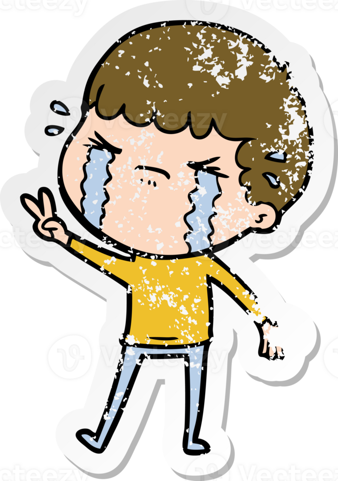 distressed sticker of a cartoon man crying png