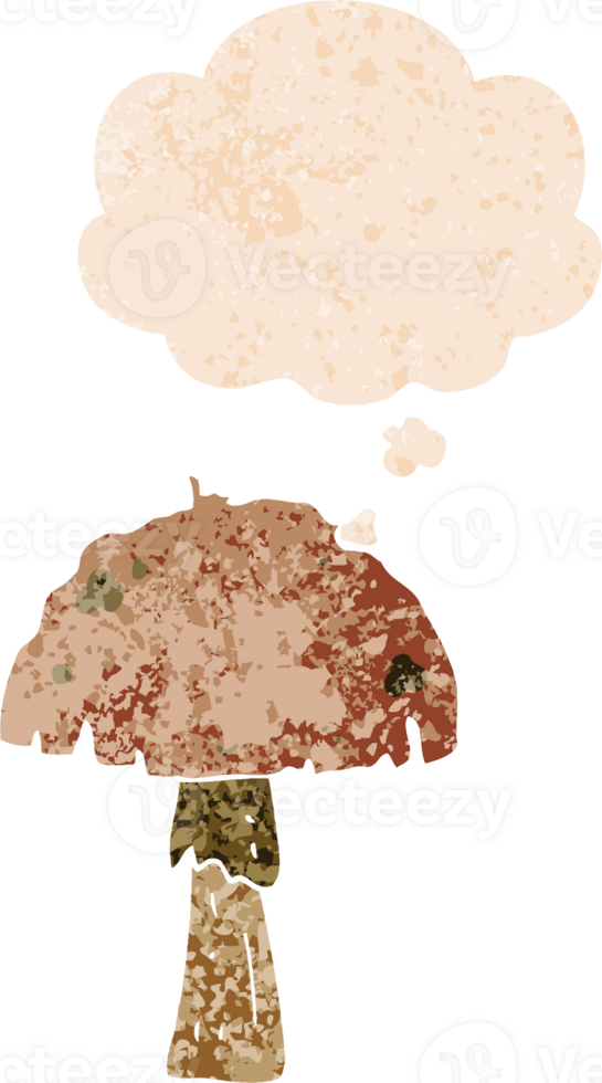 cartoon mushroom with thought bubble in grunge distressed retro textured style png