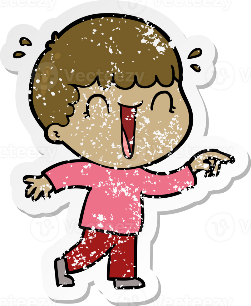 distressed sticker of a laughing cartoon man pointing png