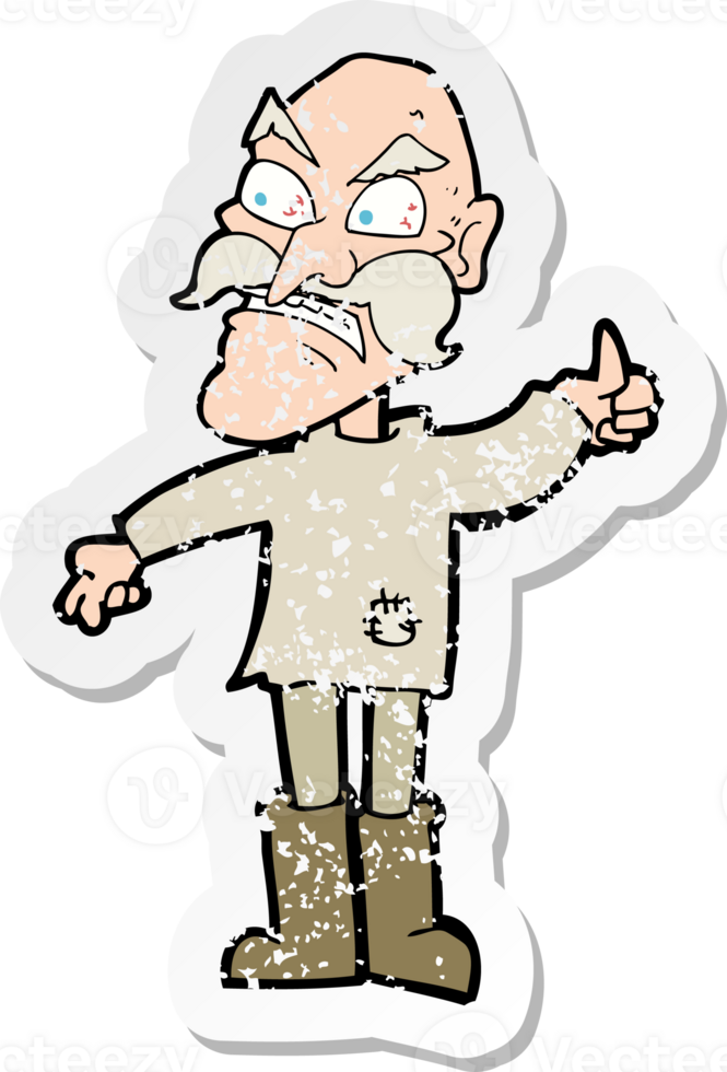retro distressed sticker of a cartoon angry old man in patched clothing png
