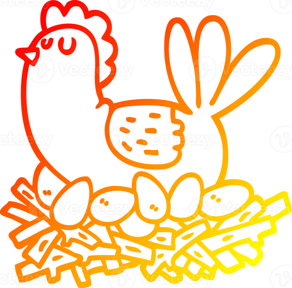 warm gradient line drawing of a cartoon chicken on nest of eggs png