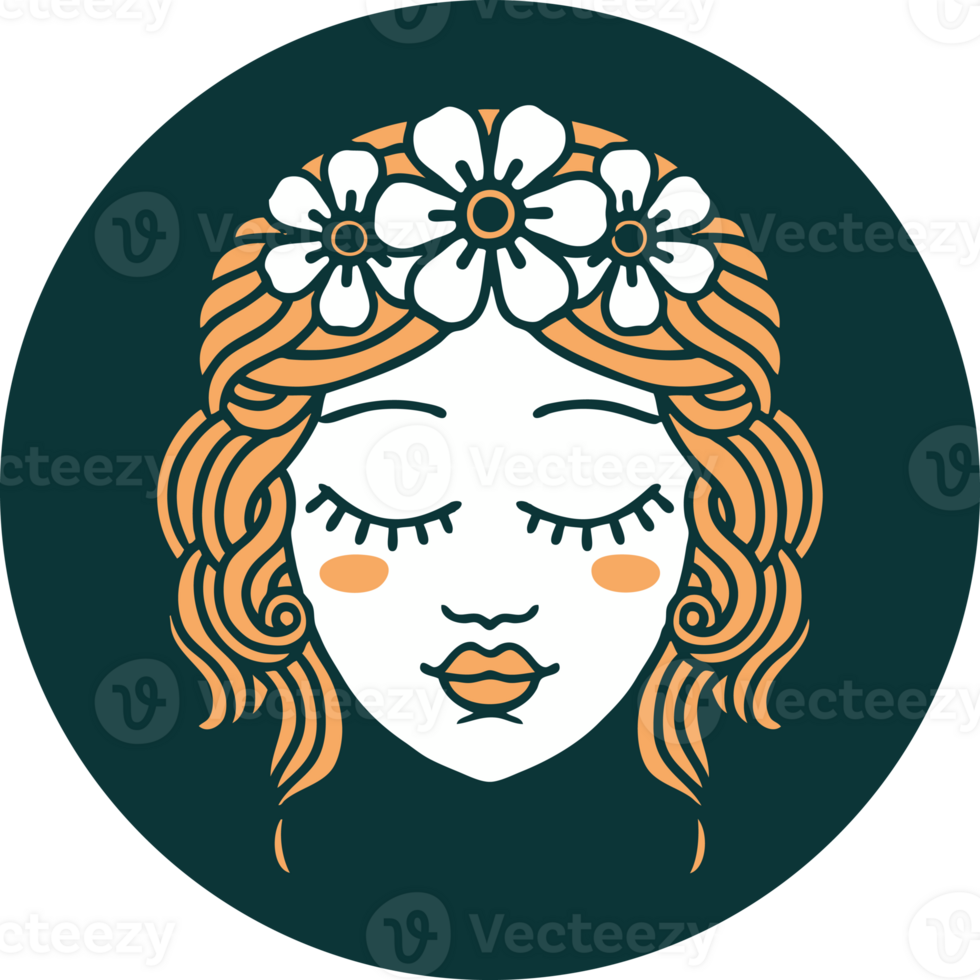 iconic tattoo style image of female face with eyes closed png