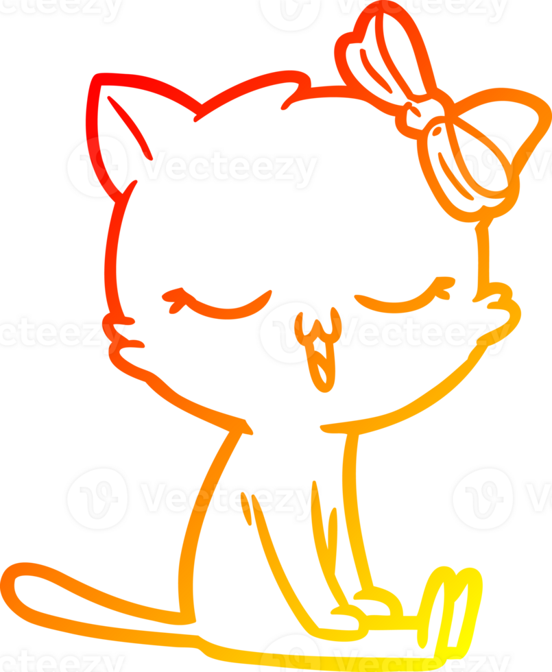 warm gradient line drawing of a cartoon cat with bow on head png