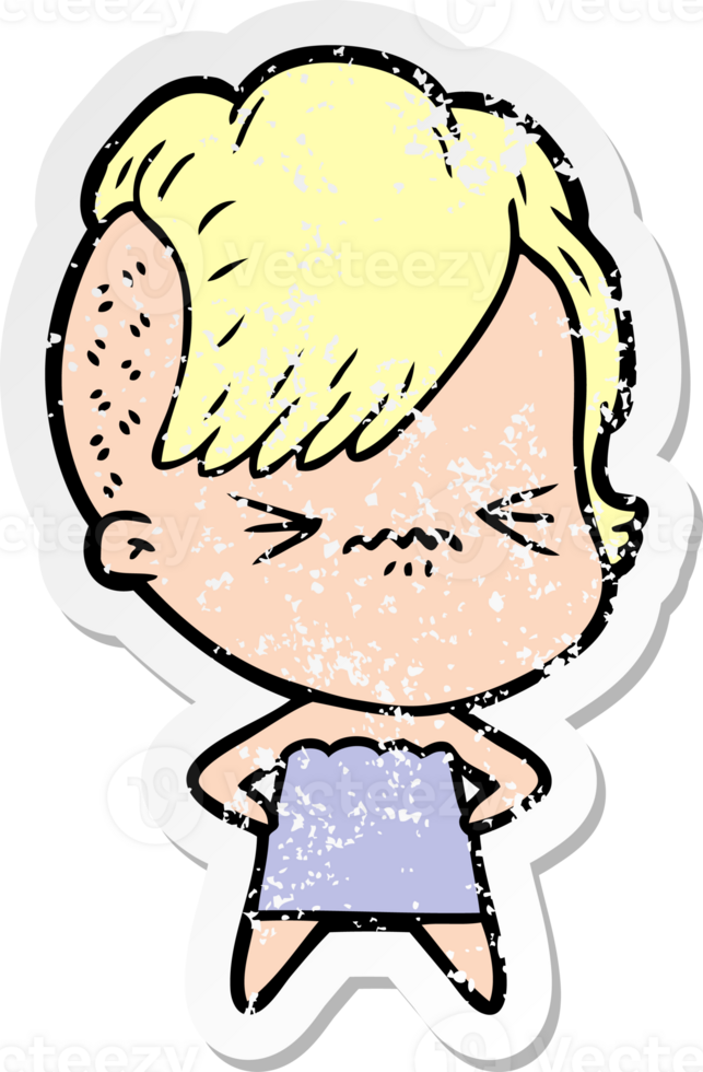 distressed sticker of a cartoon annoyed hipster girl png