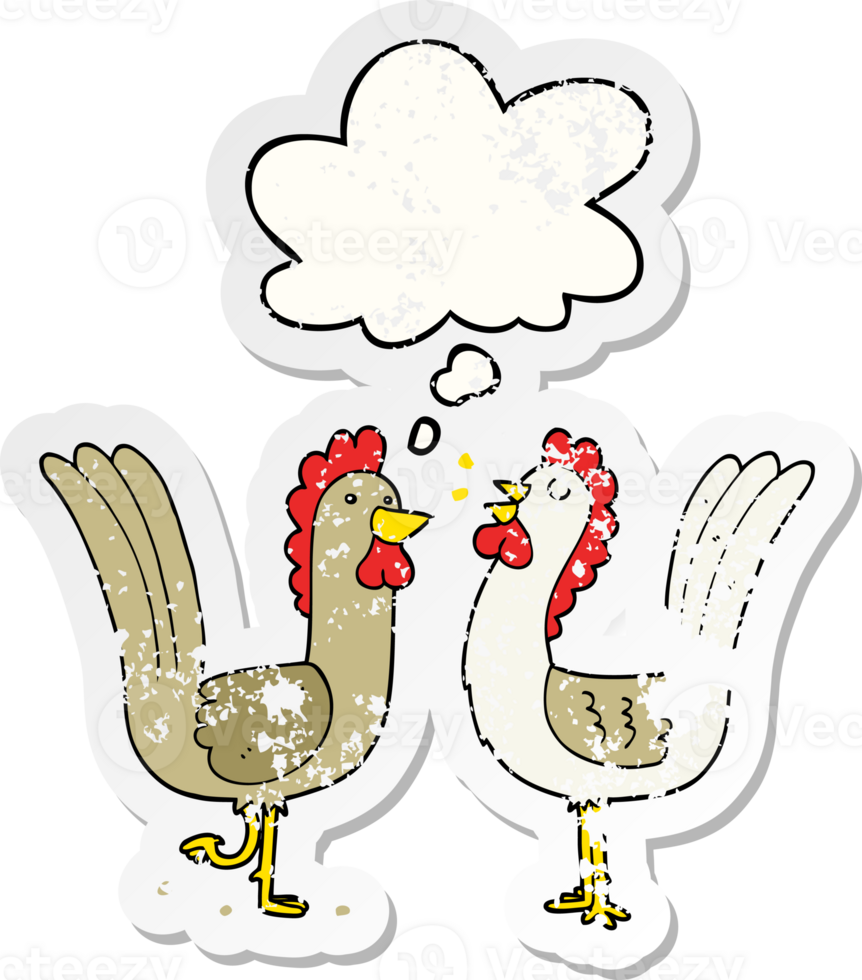 cartoon chickens with thought bubble as a distressed worn sticker png