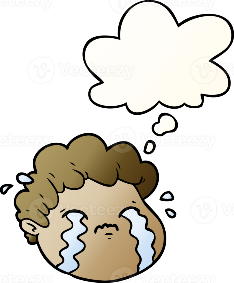 cartoon crying boy with thought bubble in smooth gradient style png