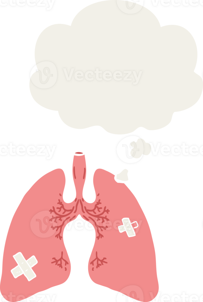 cartoon lungs with thought bubble in retro style png