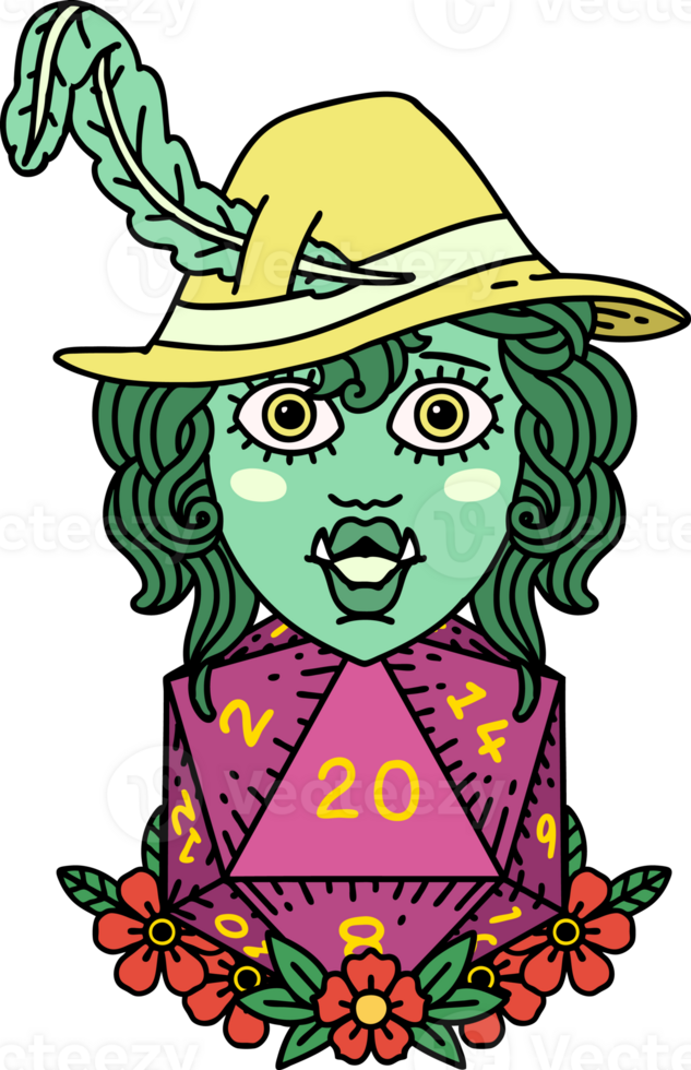 Retro Tattoo Style half orc bard with natural twenty dice roll png