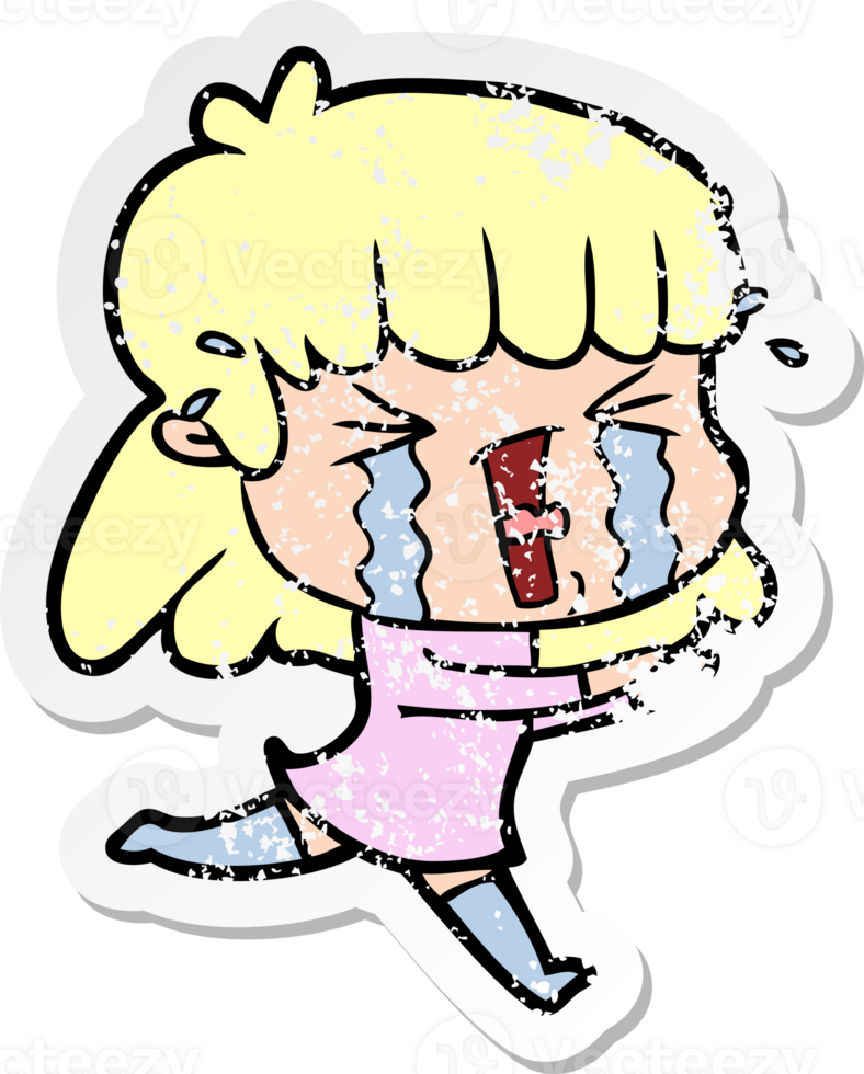 distressed sticker of a cartoon woman in tears png