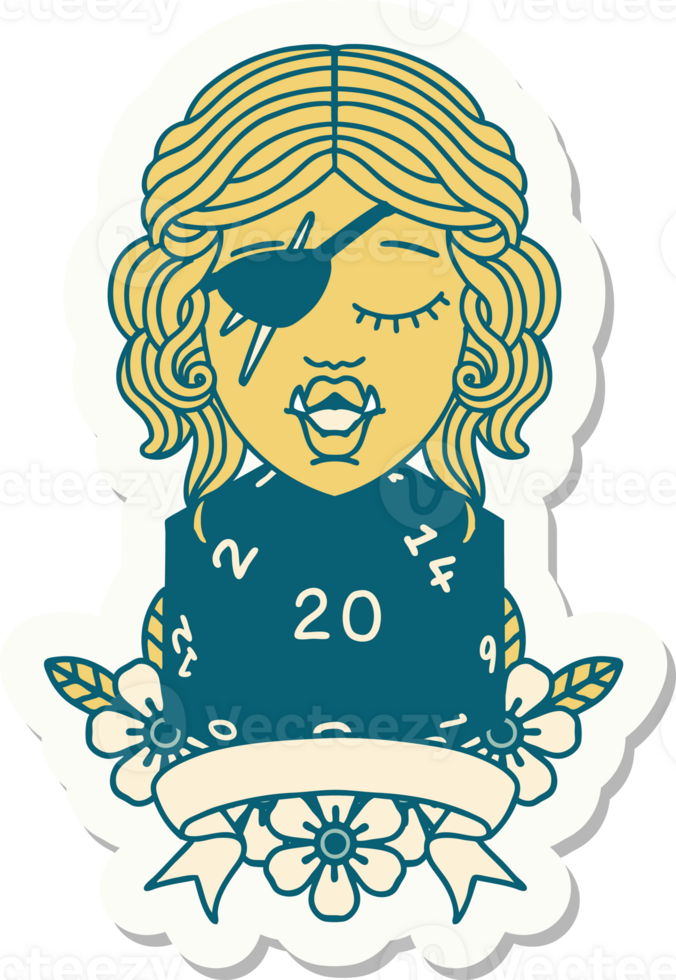 sticker of a half orc rogue character with natural twenty dice roll png