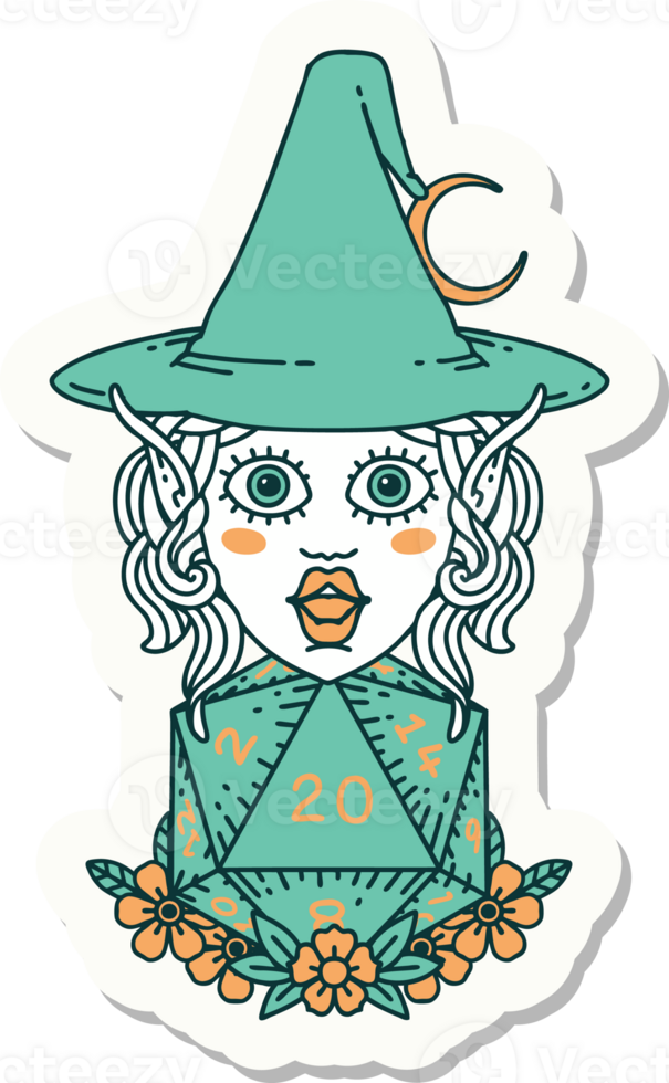 sticker of a elf mage character with natural twenty dice roll png