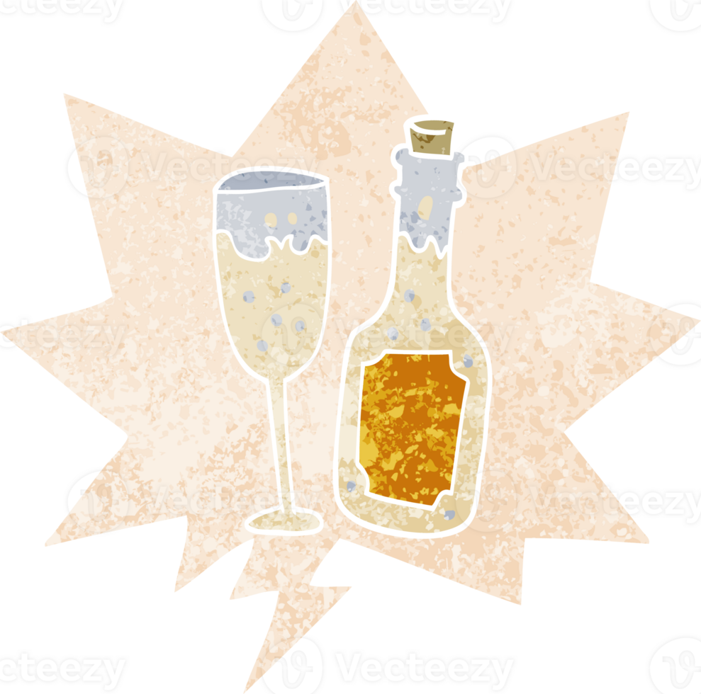 cartoon champagne bottle and glass with speech bubble in grunge distressed retro textured style png