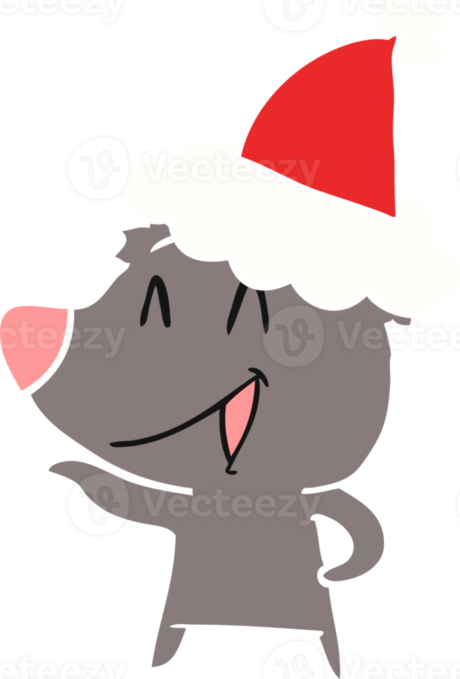 laughing bear hand drawn flat color illustration of a wearing santa hat png
