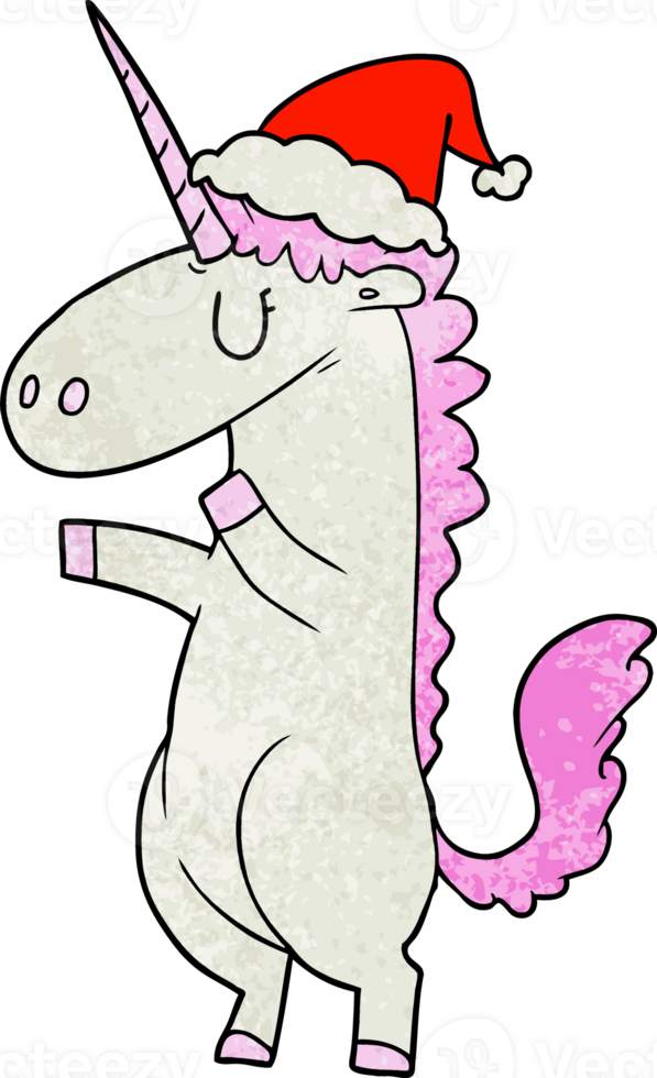 hand drawn textured cartoon of a unicorn wearing santa hat png