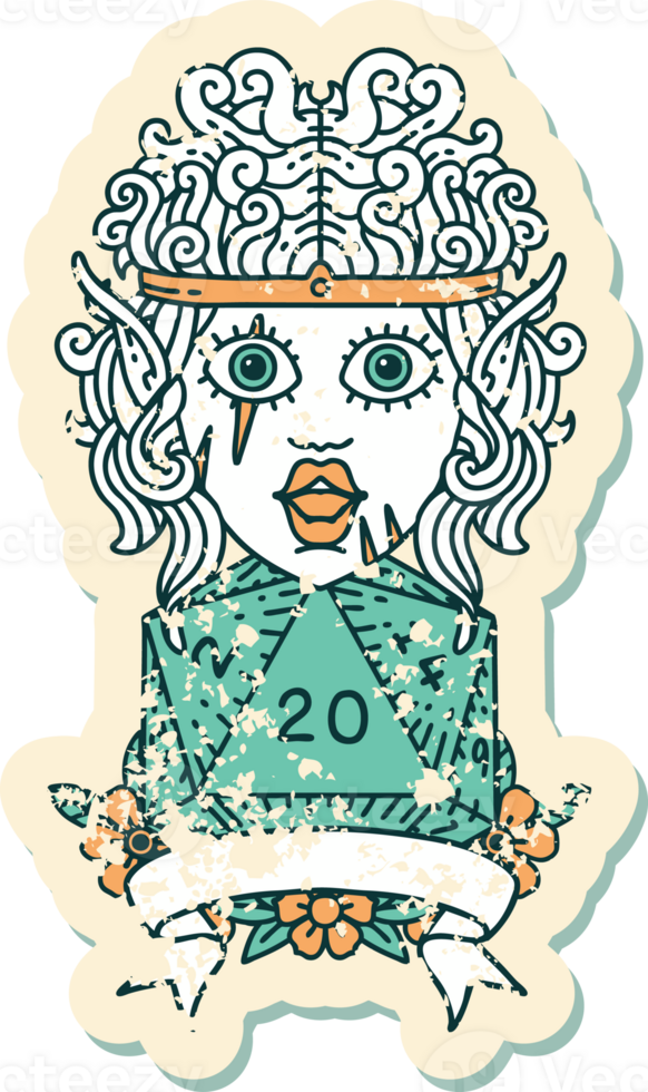 Retro Tattoo Style elf barbarian character with natural twenty dice roll png