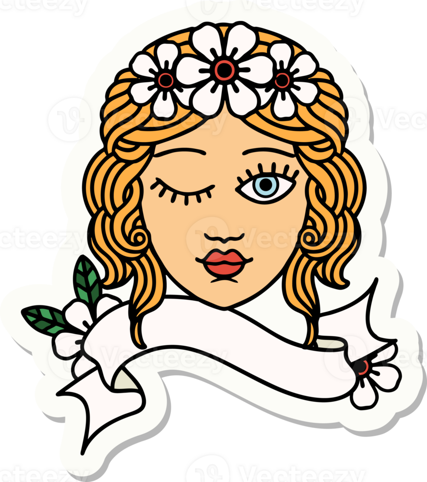tattoo style sticker with banner of a maidens face winking png