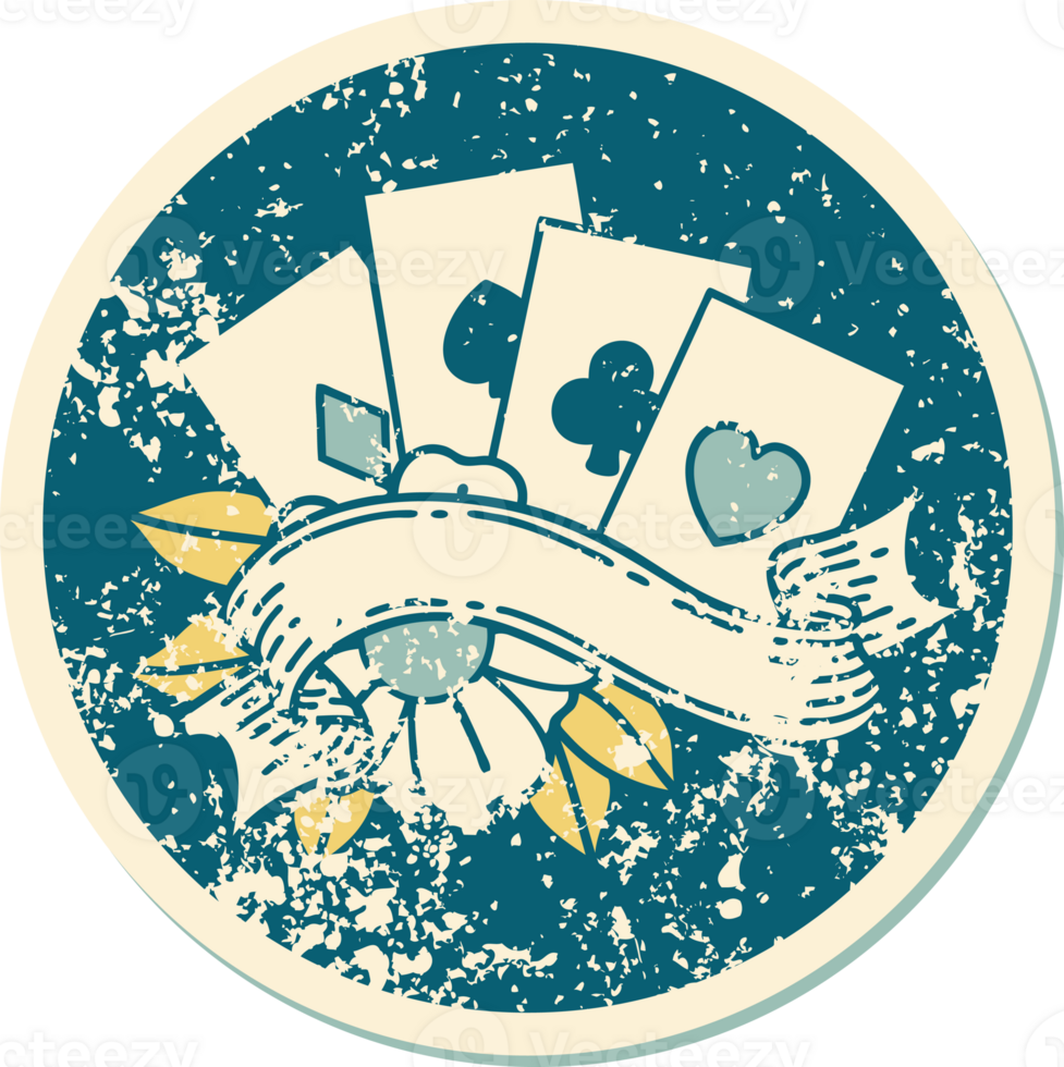 iconic distressed sticker tattoo style image of cards and banner png