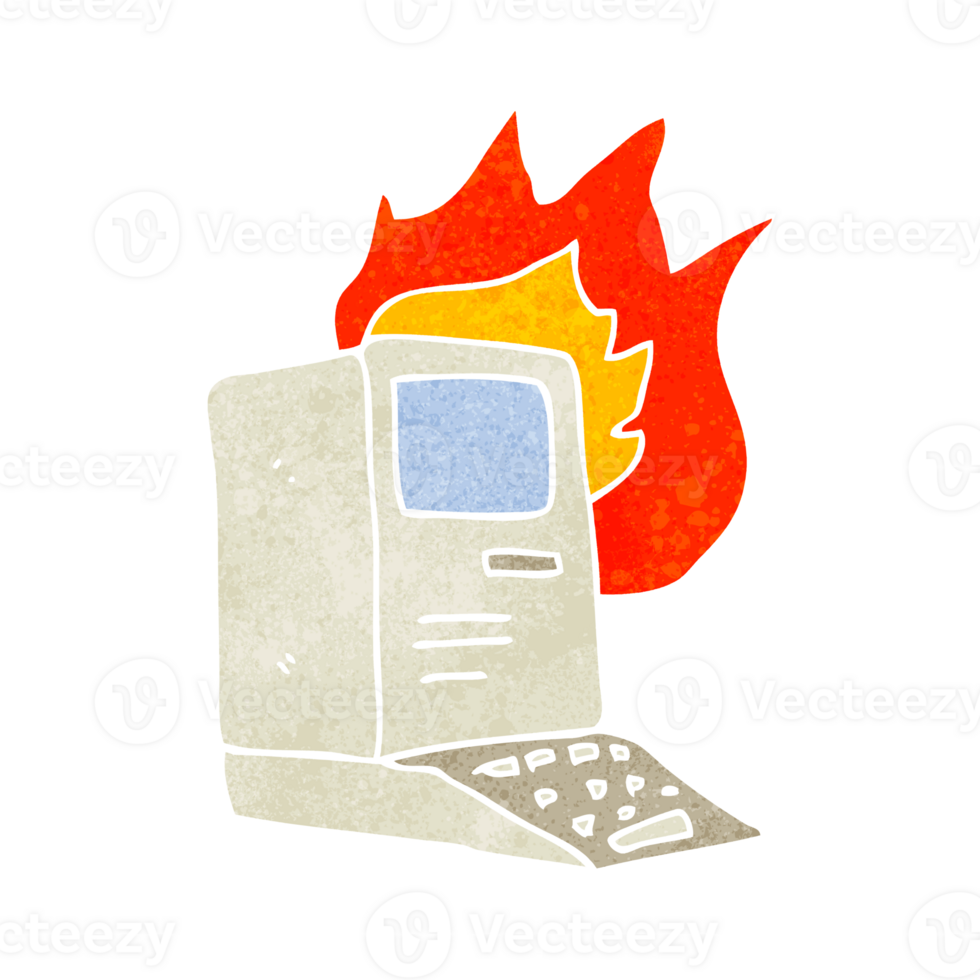 retro cartoon old computer on fire png