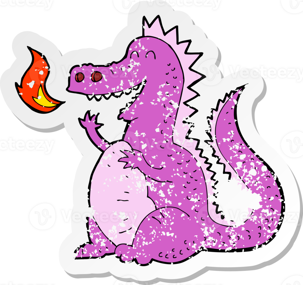 retro distressed sticker of a cartoon fire breathing dragon png