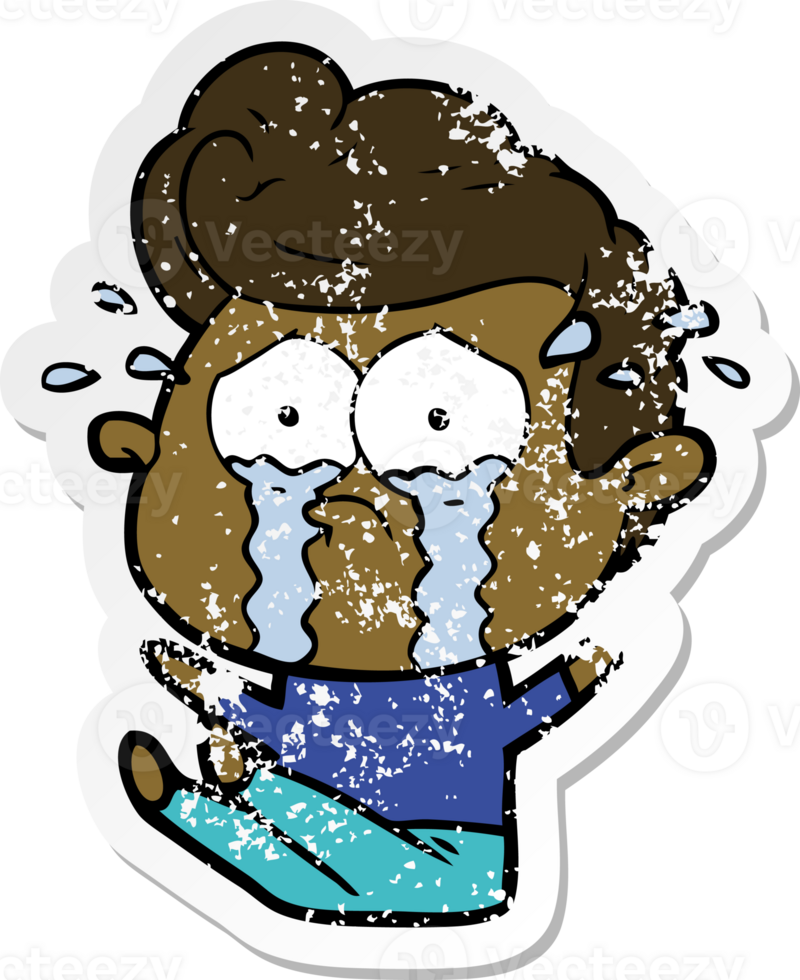 distressed sticker of a cartoon crying man sat on floor png