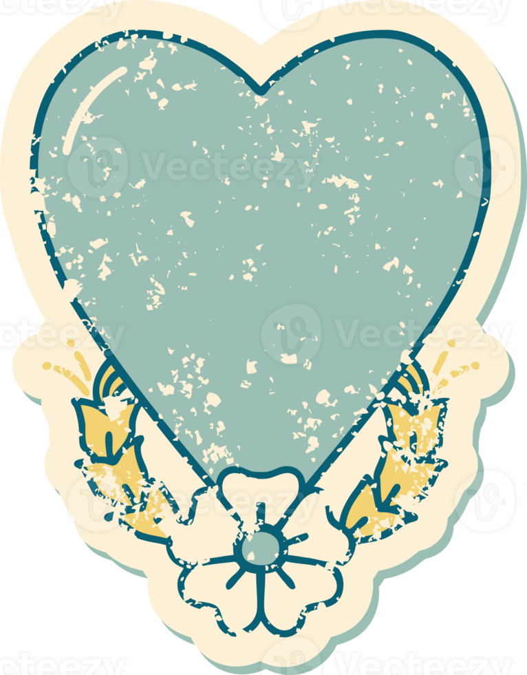 iconic distressed sticker tattoo style image of a heart and flower png