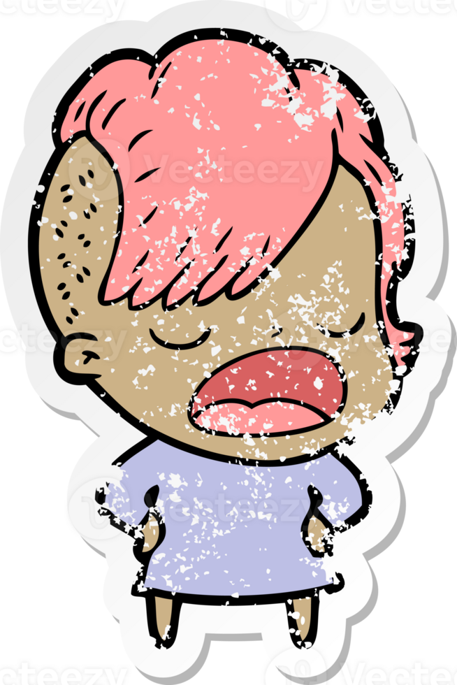 distressed sticker of a cartoon cool hipster girl talking png