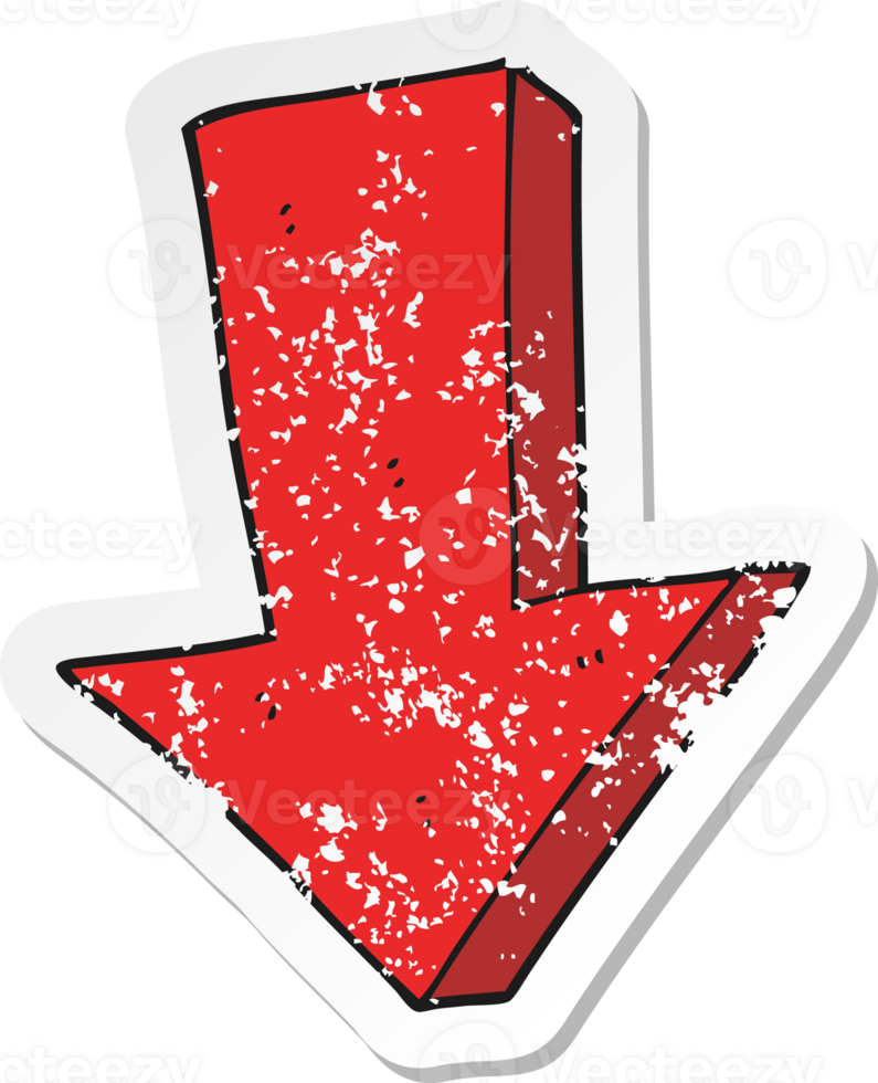retro distressed sticker of a cartoon arrow pointing down png