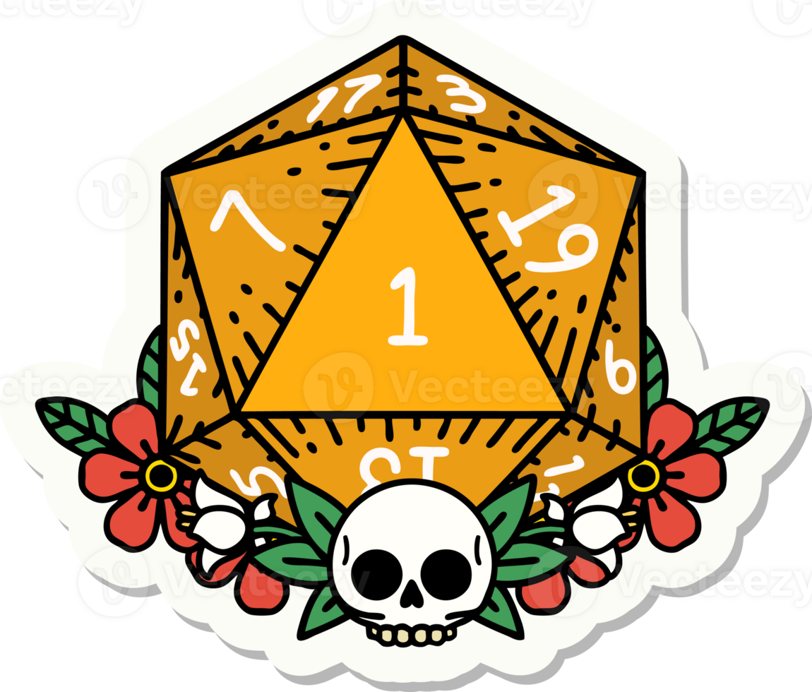 sticker of a natural one dice roll with floral elements png