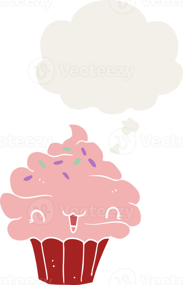 cute cartoon frosted cupcake with thought bubble in retro style png