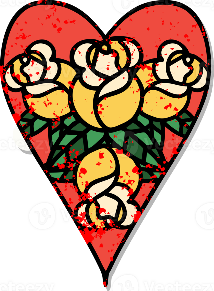 distressed sticker tattoo in traditional style of a heart and flowers png