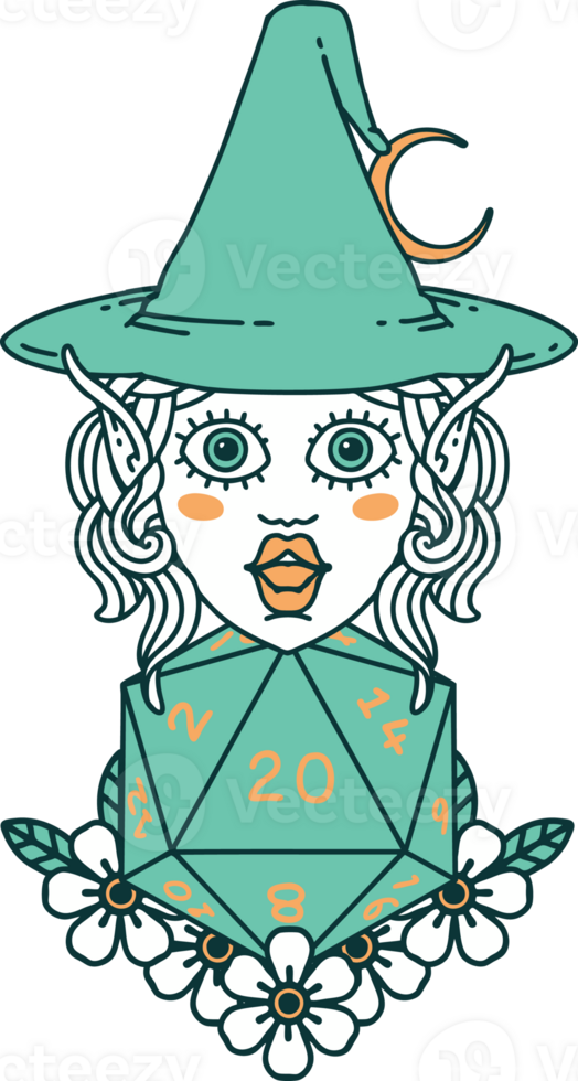 Retro Tattoo Style elf mage character with natural twenty dice roll png