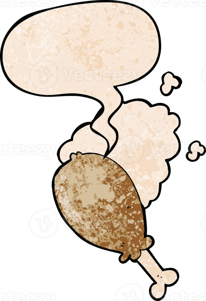 cartoon chicken leg with speech bubble in retro texture style png
