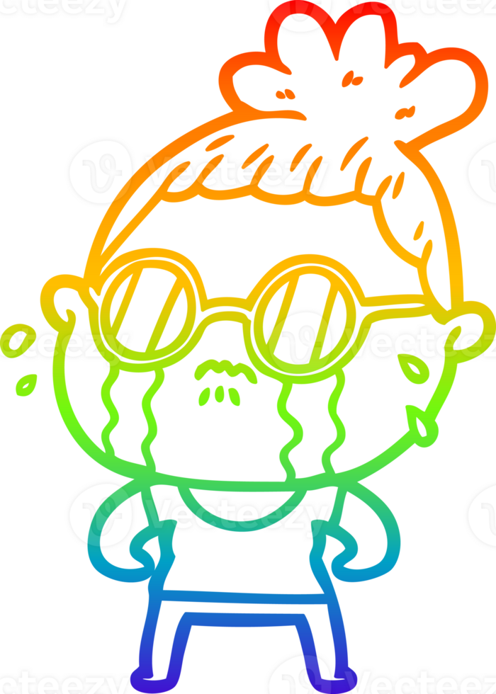 rainbow gradient line drawing of a cartoon crying woman wearing sunglasses png