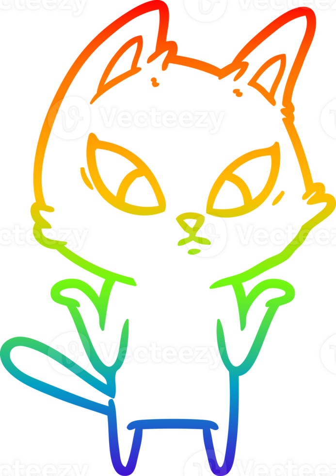 rainbow gradient line drawing of a confused cartoon cat shrugging shoulders png