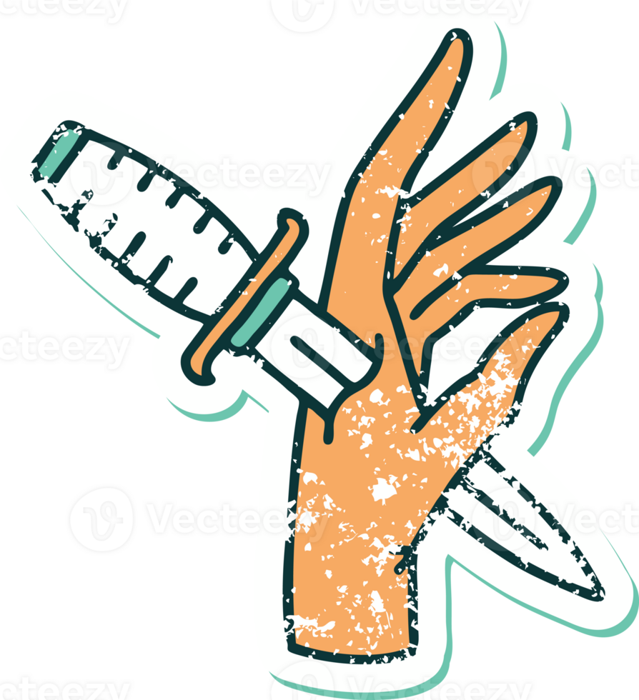 iconic distressed sticker tattoo style image of a dagger in the hand png