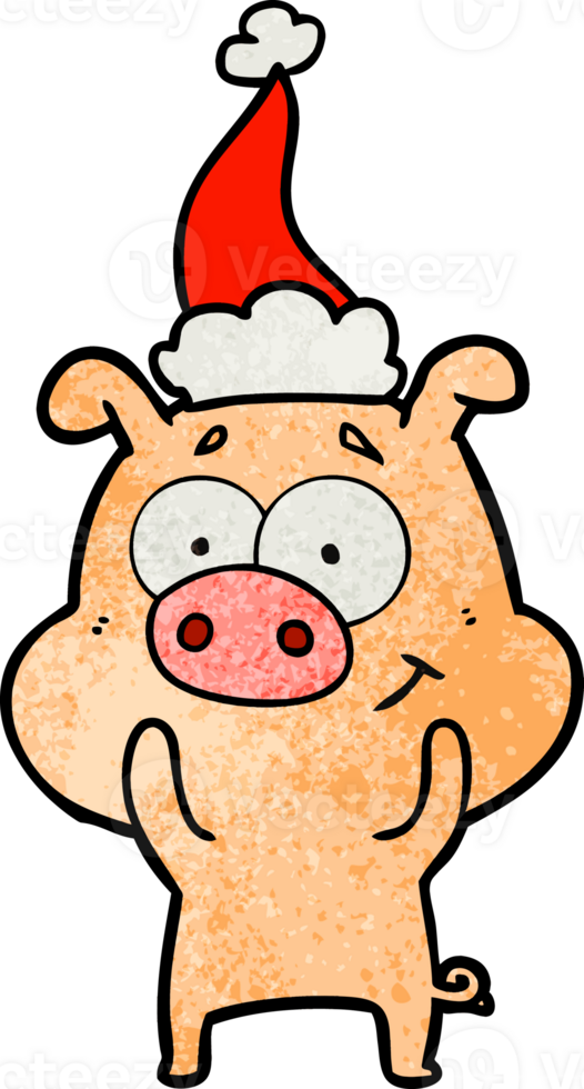 happy hand drawn textured cartoon of a pig wearing santa hat png