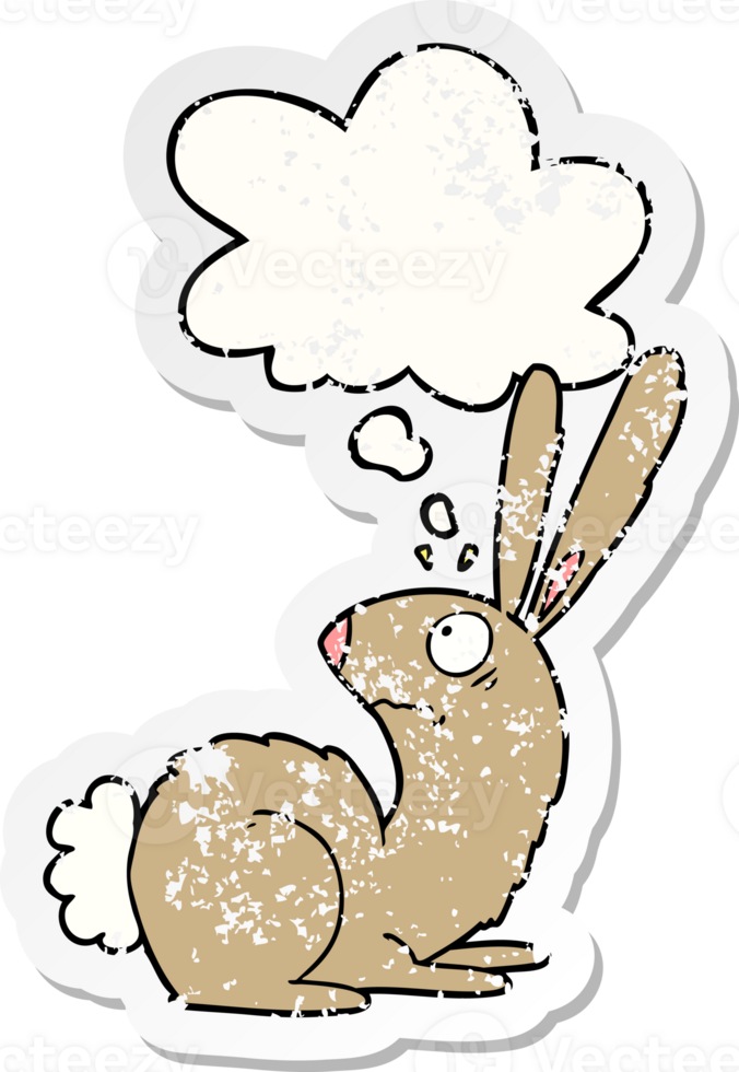 cartoon startled bunny rabbit with thought bubble as a distressed worn sticker png