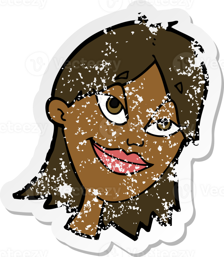 retro distressed sticker of a cartoon happy woman png