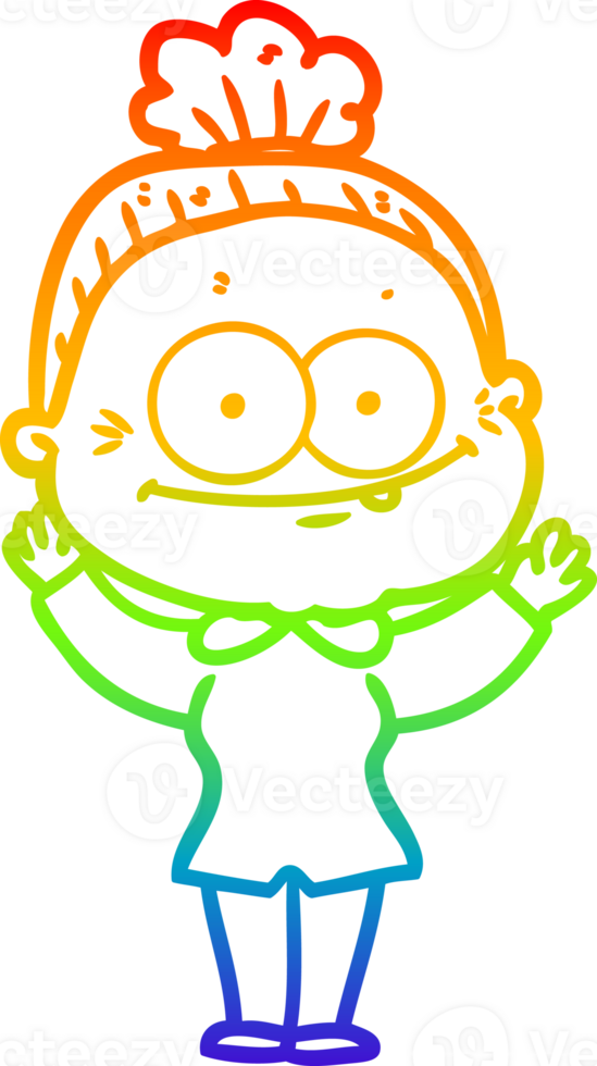 rainbow gradient line drawing of a cartoon happy old woman png