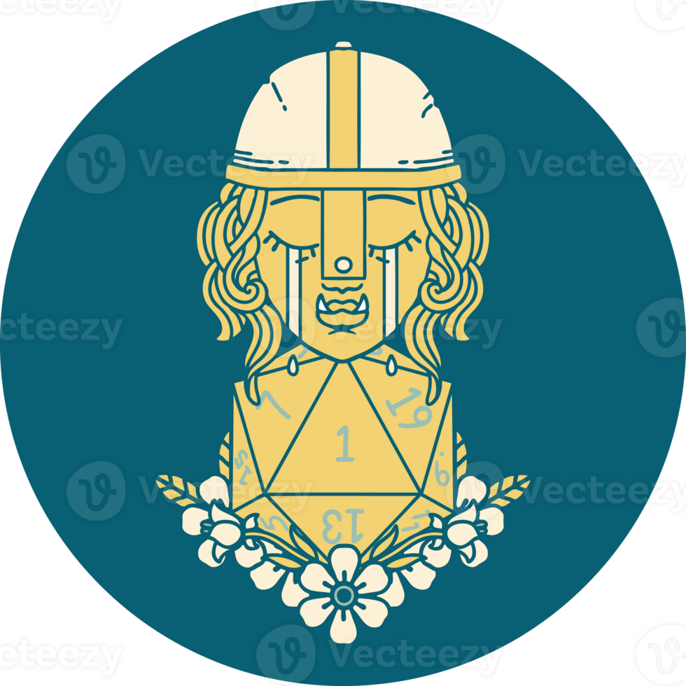 Retro Tattoo Style crying orc fighter character with natural one D20 roll png