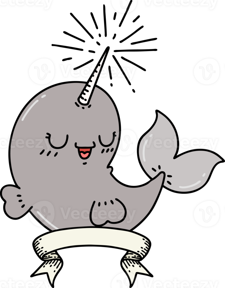 scroll banner with tattoo style happy narwhal png