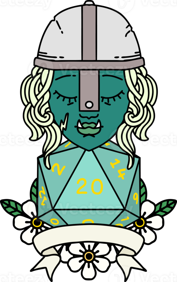 Retro Tattoo Style half orc fighter with natural twenty dice roll png
