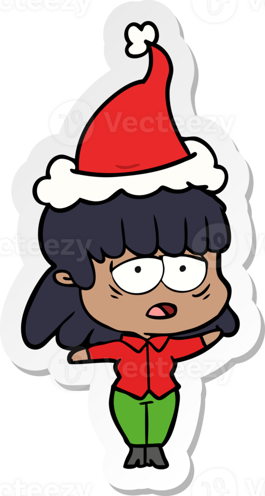 hand drawn sticker cartoon of a tired woman wearing santa hat png