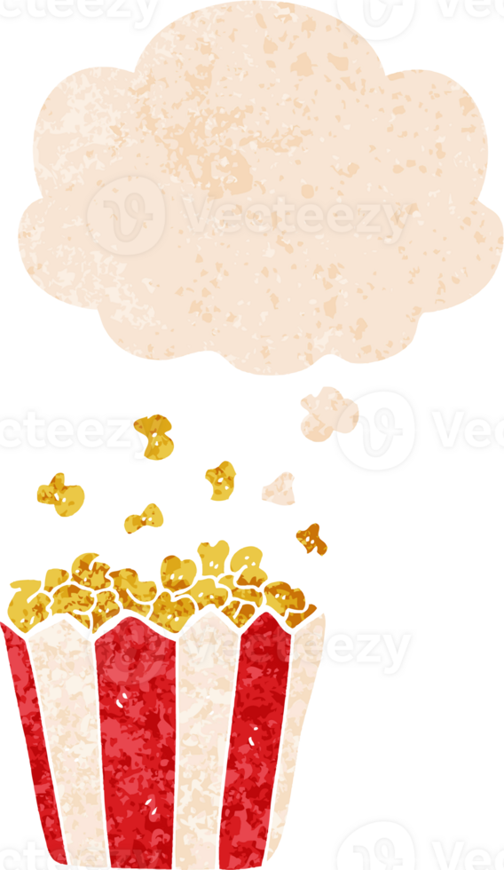 cartoon popcorn with thought bubble in grunge distressed retro textured style png
