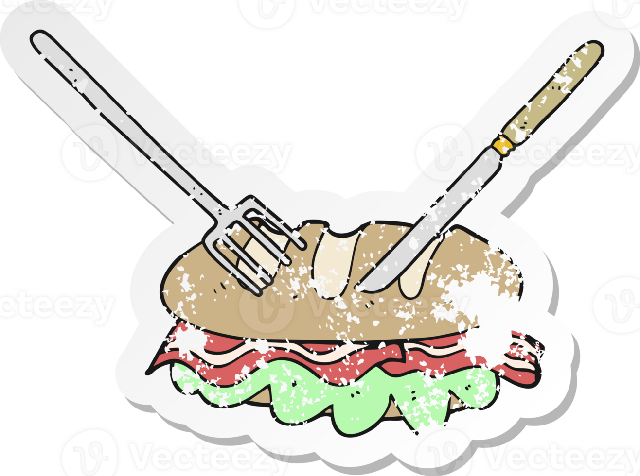 retro distressed sticker of a cartoon knife and fork cutting huge sandwich png