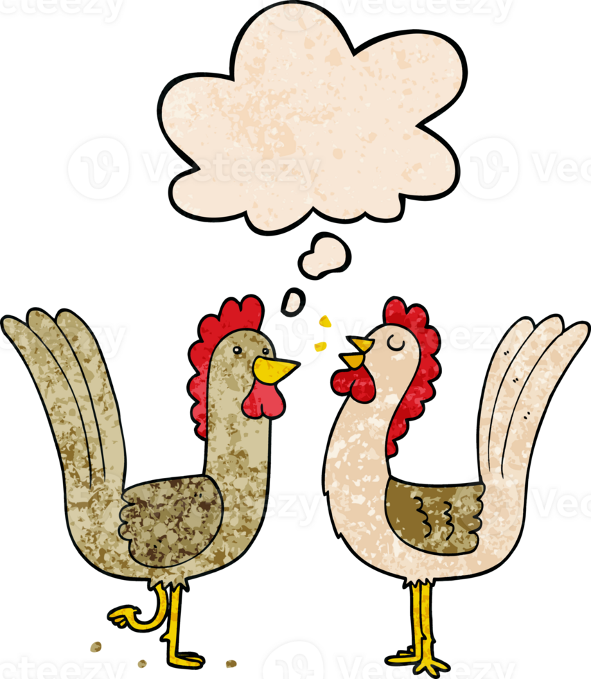 cartoon chickens with thought bubble in grunge texture style png