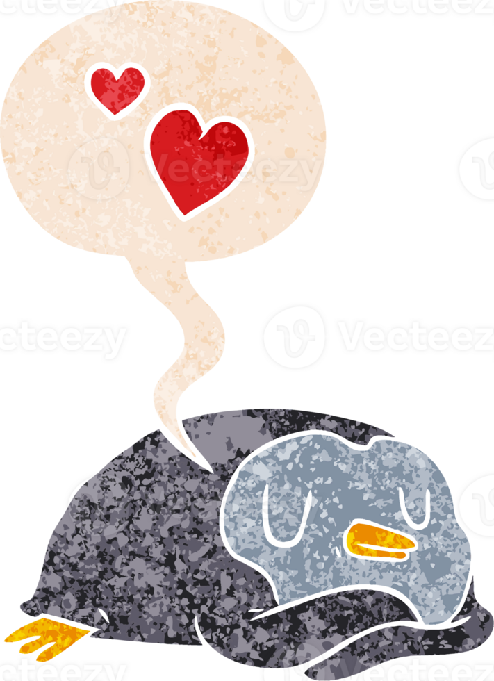cartoon penguin in love with speech bubble in grunge distressed retro textured style png