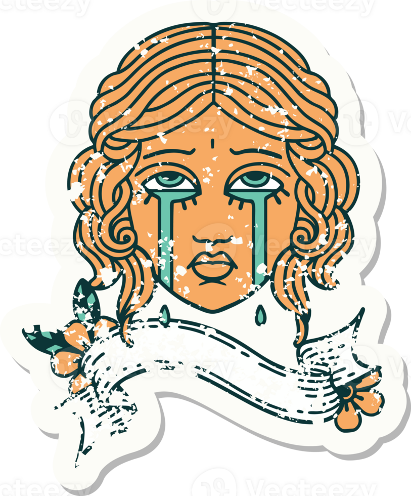 worn old sticker with banner of female face crying png