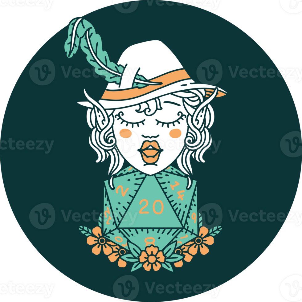 icon of elf bard character with natural twenty dice roll png